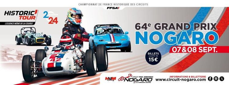 L'affiche du 64e Grand Prix de Nogaro avec de vieilles voitures de collection annonçant l'Historic Tour 2024